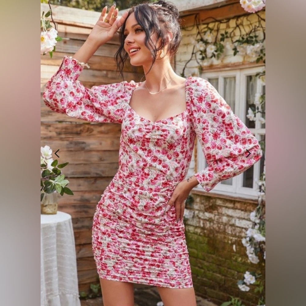 NWT Nasty Gal Vibrant Floral Balloon Sleeve Ruched Mini Dress Open Back Sz 10